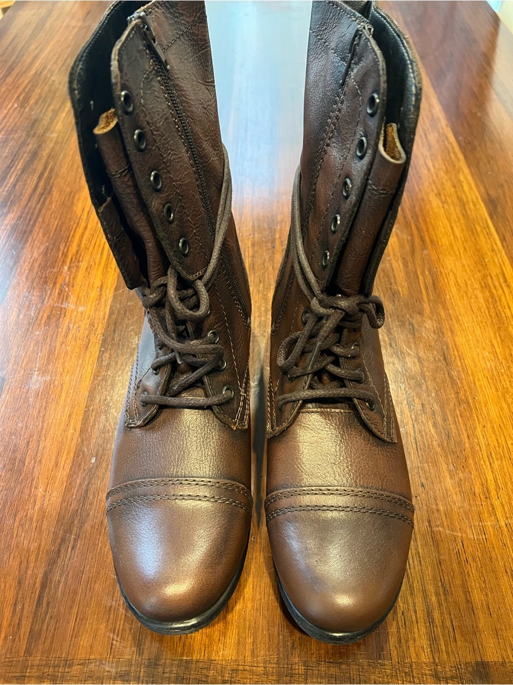 Steve Madden Troopa Brown Zip and Lace-Up Leather Combat Boots, women’s size 11